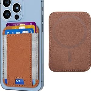 Brown Vegan Leather MagSafe Wallet,Stretchy Magnetic, RFID Blocking